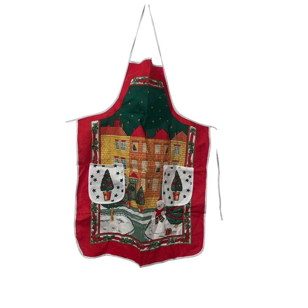 Christmas Kitchen Apron‎ Holiday Village Snowman Pockets Retro